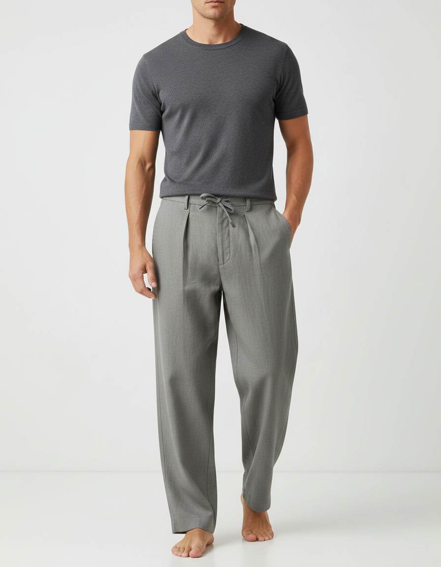 Pantalon Japonais Gris Plissé Ample Confortable Cordon - Gabardine