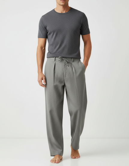 Pantalon Japonais Gris Plissé Ample Confortable Cordon - Gabardine