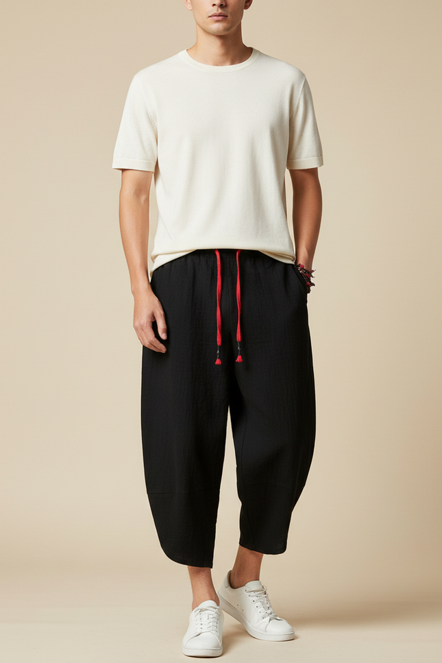 Pantalon Japonais Noir Ample Coton Décontracté Cropped