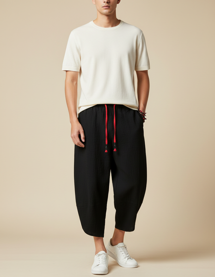 Pantalon Japonais Noir Ample Coton Décontracté Cropped