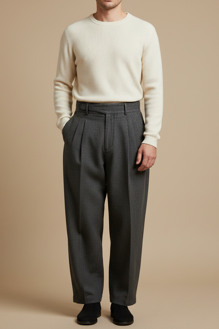 Pantalon Japonais Gris Anthracite Ample Plissé Homme - Laine