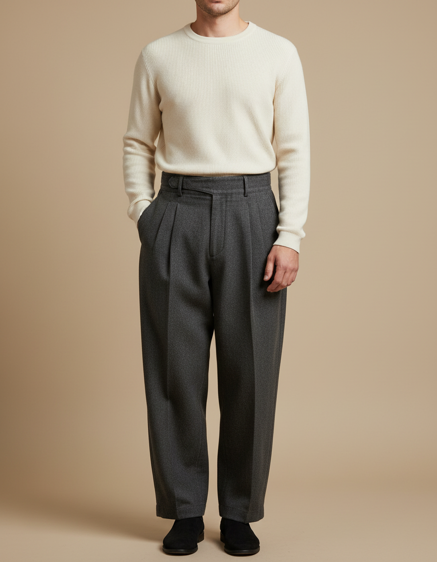 Pantalon Japonais Gris Anthracite Ample Plissé Homme - Laine
