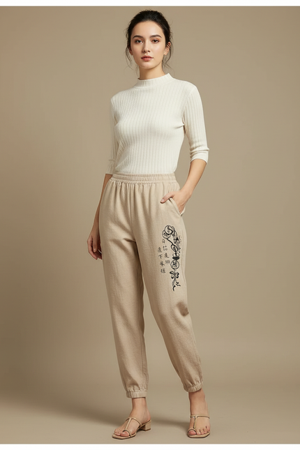 Pantalon Japonais Beige Ample Brodé Coton Décontracté - Molleton
