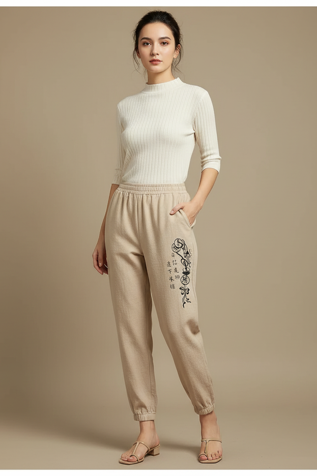 Pantalon Japonais Beige Ample Brodé Coton Décontracté - Molleton
