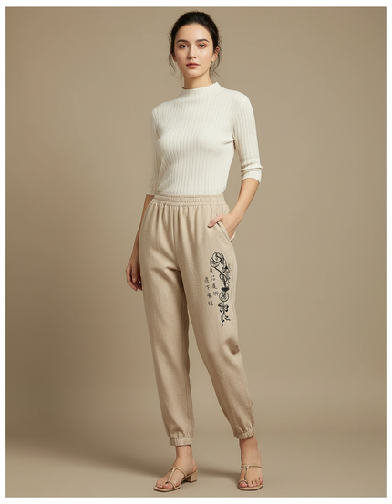 Pantalon Japonais Beige Ample Brodé Coton Décontracté - Molleton