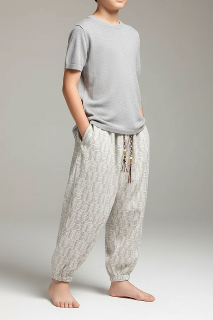 Pantalon Japonais Lin Motif Géométrique Ample Enfant - Beige