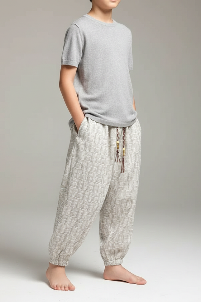 Pantalon Japonais Lin Motif Géométrique Ample Enfant - Beige