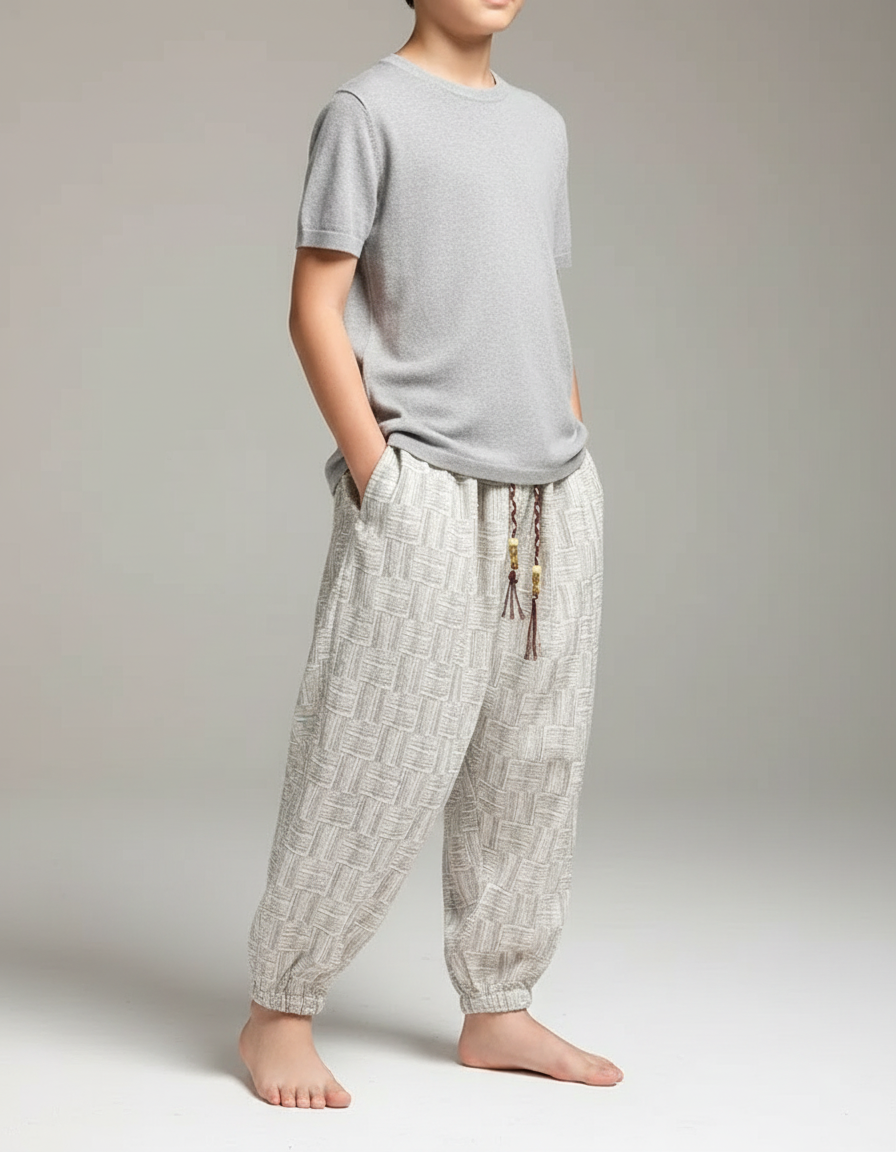 Pantalon Japonais Lin Motif Géométrique Ample Enfant - Beige