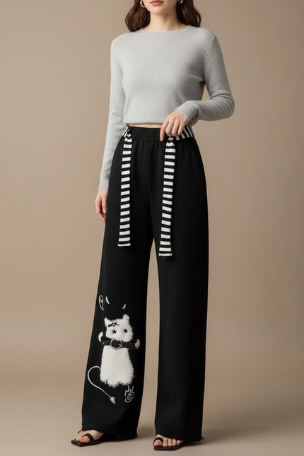 Pantalon Japonais Noir Large Chat Brodé Décontracté - Molleton
