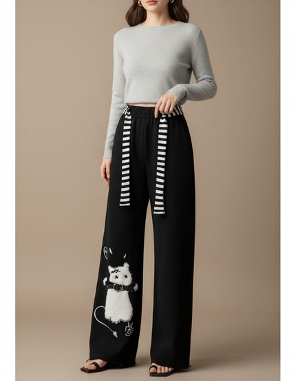 Pantalon Japonais Noir Large Chat Brodé Décontracté - Molleton