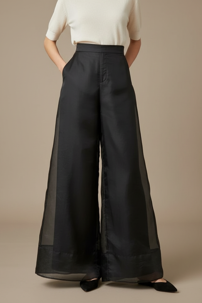 Pantalon Japonais Noir Organza Ample Fluide Élégant - Polyester