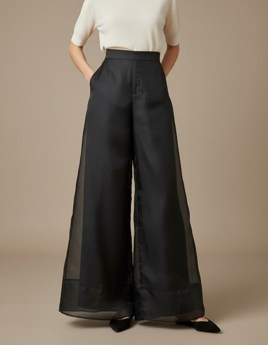Pantalon Japonais Noir Organza Ample Fluide Élégant - Polyester