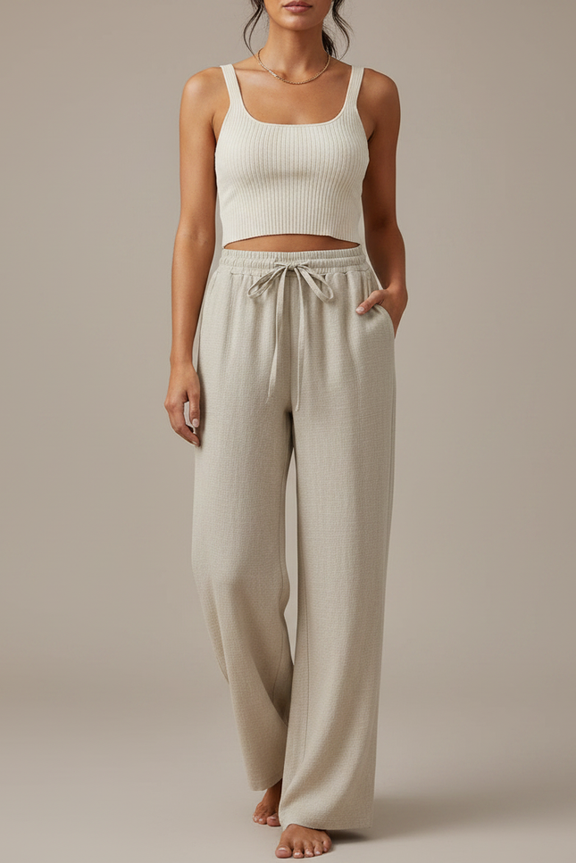 Pantalon Japonais Beige Ample Droit Cordon Décontracté - Maille