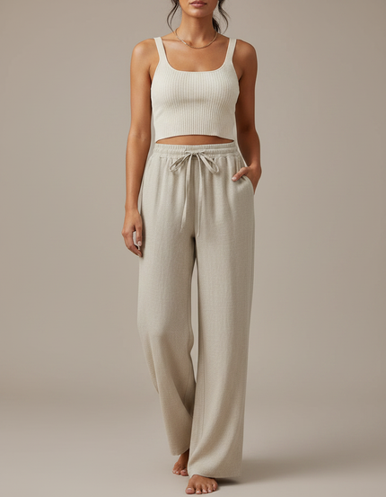 Pantalon Japonais Beige Ample Droit Cordon Décontracté - Maille