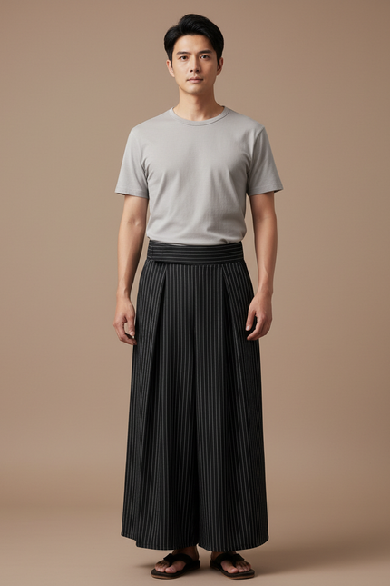 Pantalon Japonais Noir Rayé Ample Plissé Homme - Coton