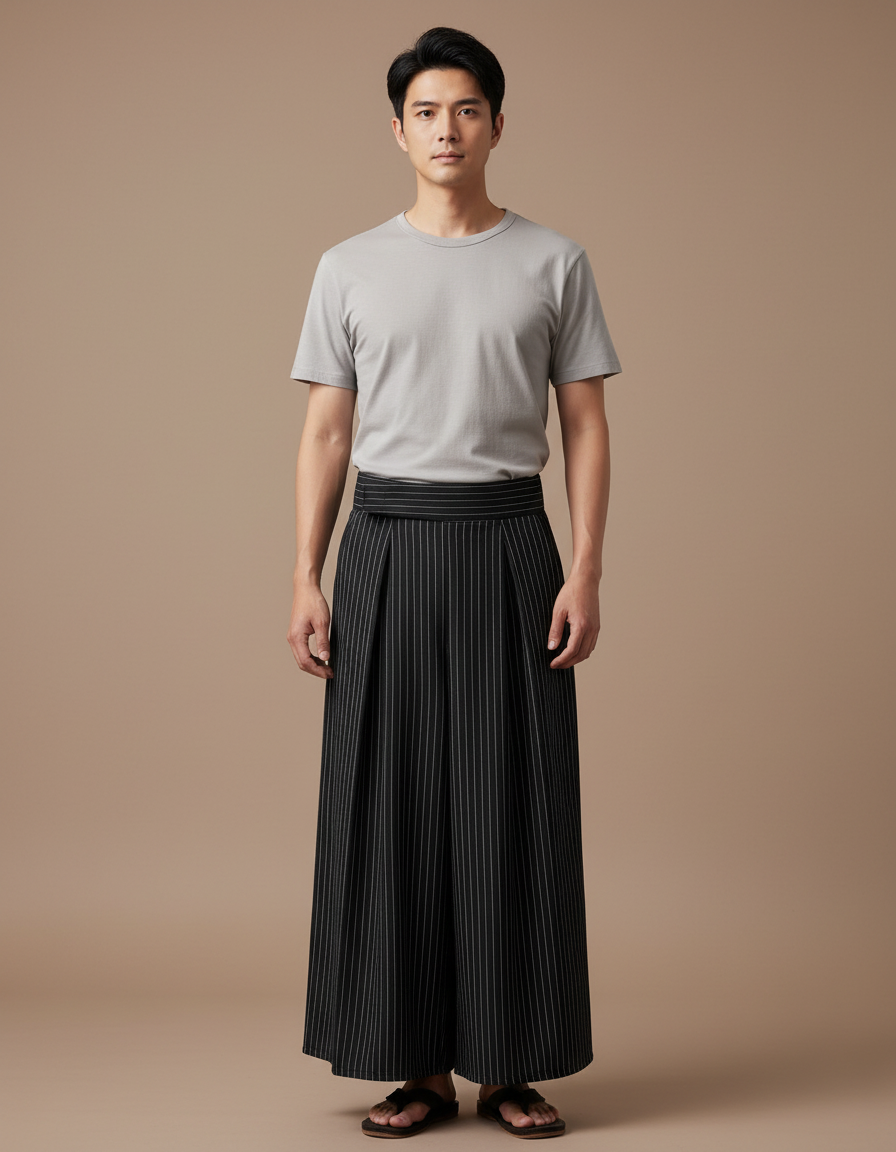 Pantalon Japonais Noir Rayé Ample Plissé Homme - Coton