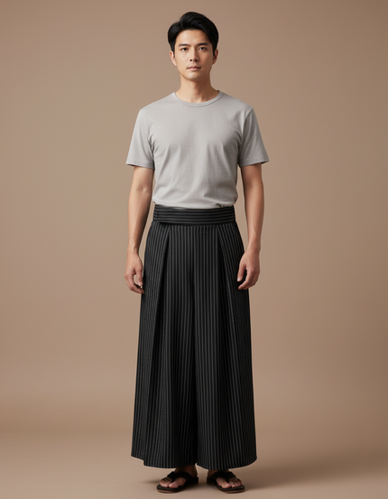 Pantalon Japonais Noir Rayé Ample Plissé Homme - Coton