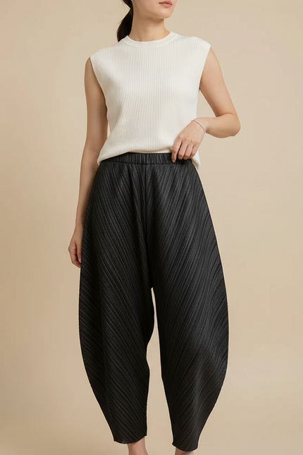 Pantalon Japonais Noir Plissé Ample Texturé Femme - Polyester