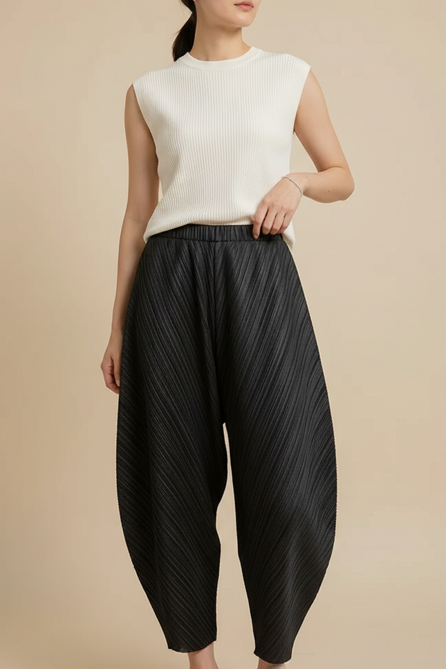 Pantalon Japonais Noir Plissé Ample Texturé Femme - Polyester