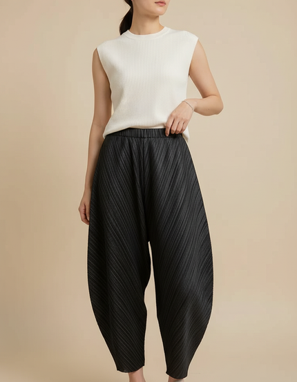 Pantalon Japonais Noir Plissé Ample Texturé Femme - Polyester