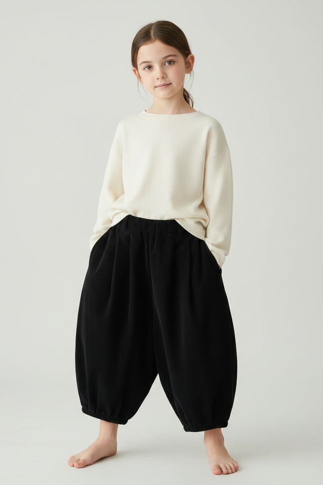 Pantalon Japonais Côtelé Noir Ample Confortable Enfant - Cordé