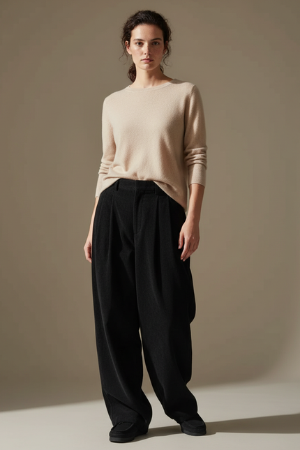 Pantalon Japonais Noir Côtelé Large Plissé Tapered Décontracté - Cordé