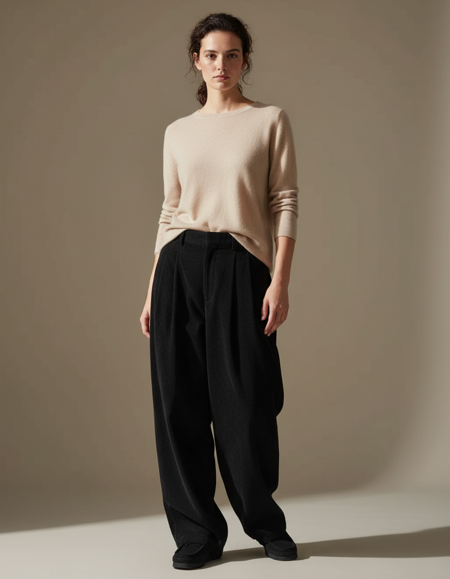 Pantalon Japonais Noir Côtelé Large Plissé Tapered Décontracté - Cordé