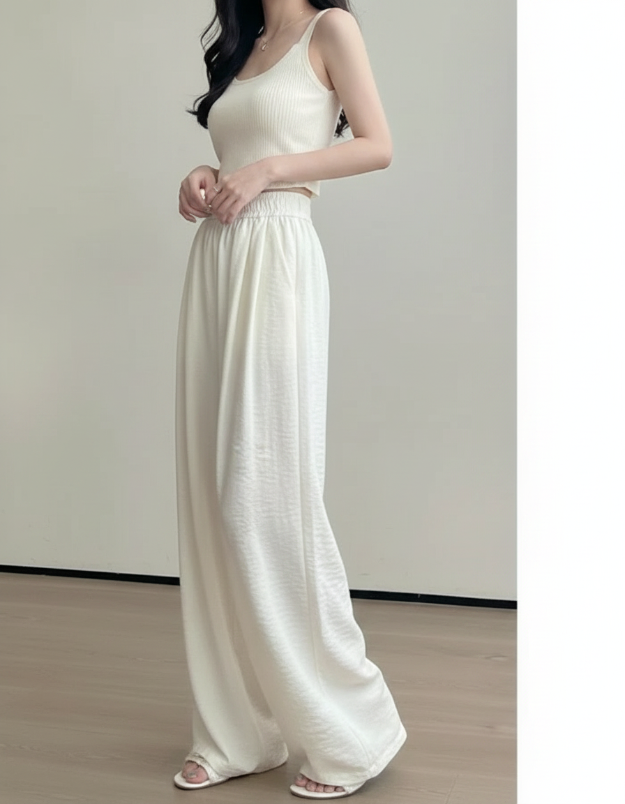 Pantalon Japonais Blanc Fluide Ample Décontracté Chic - Viscose