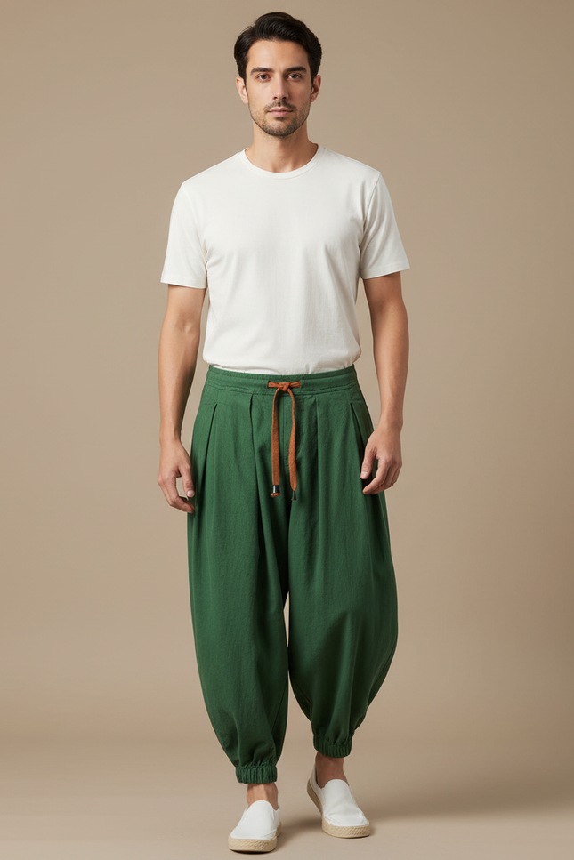 Pantalon Japonais Harem Vert Coton Ample Plissé