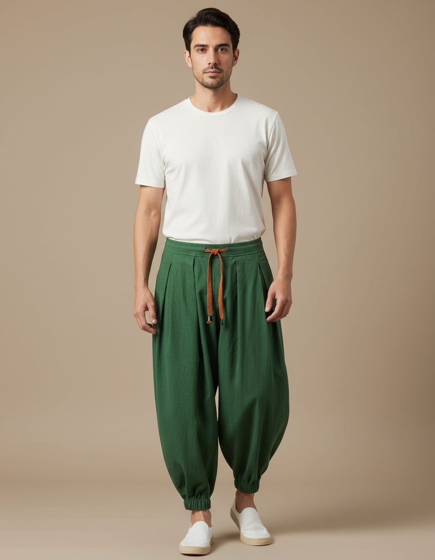 Pantalon Japonais Harem Vert Coton Ample Plissé