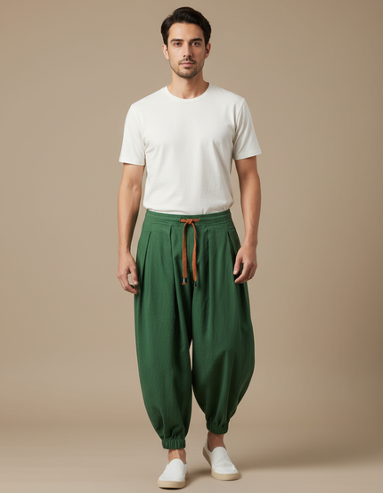 Pantalon Japonais Harem Vert Coton Ample Plissé