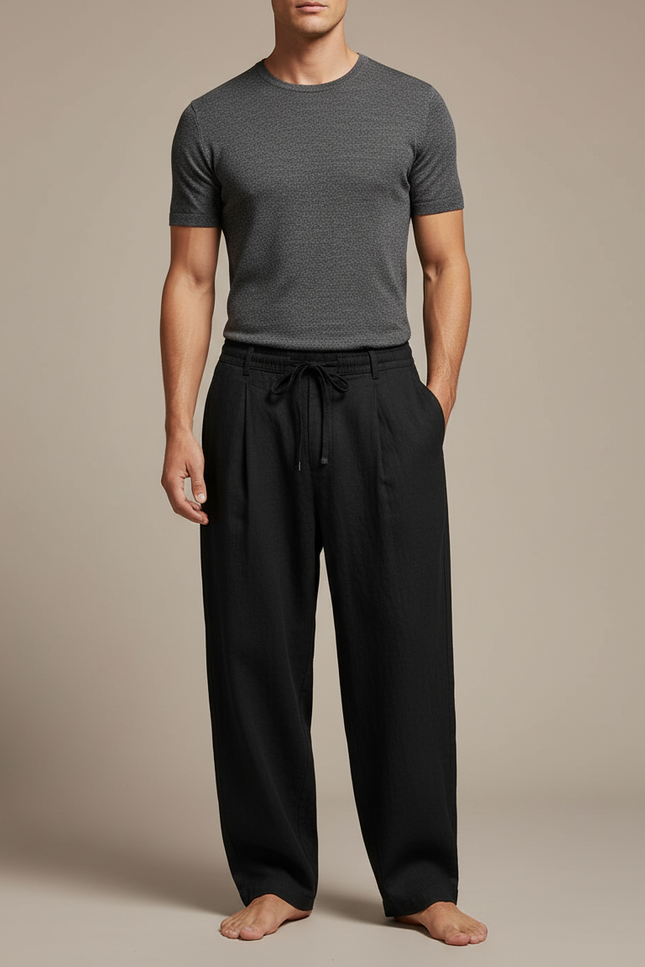 Pantalon Japonais Noir Fluide Cordon Décontracté Lin