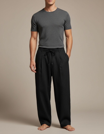 Pantalon Japonais Noir Fluide Cordon Décontracté Lin