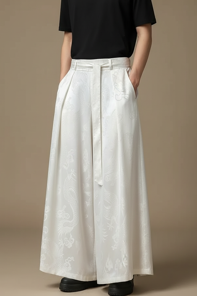Pantalon Japonais Blanc Ample Dragon Kimono Homme - Satin