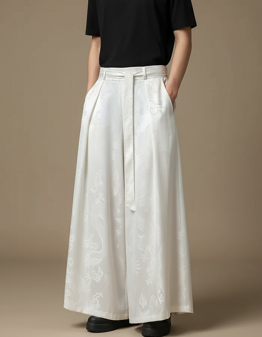 Pantalon Japonais Blanc Ample Dragon Kimono Homme - Satin