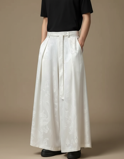 Pantalon Japonais Blanc Ample Dragon Kimono Homme - Satin