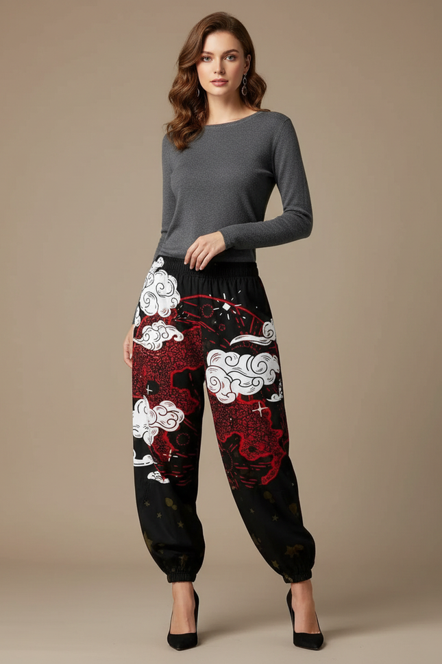 Pantalon Japonais Noir Dragon Rouge Ample Harajuku - Viscose