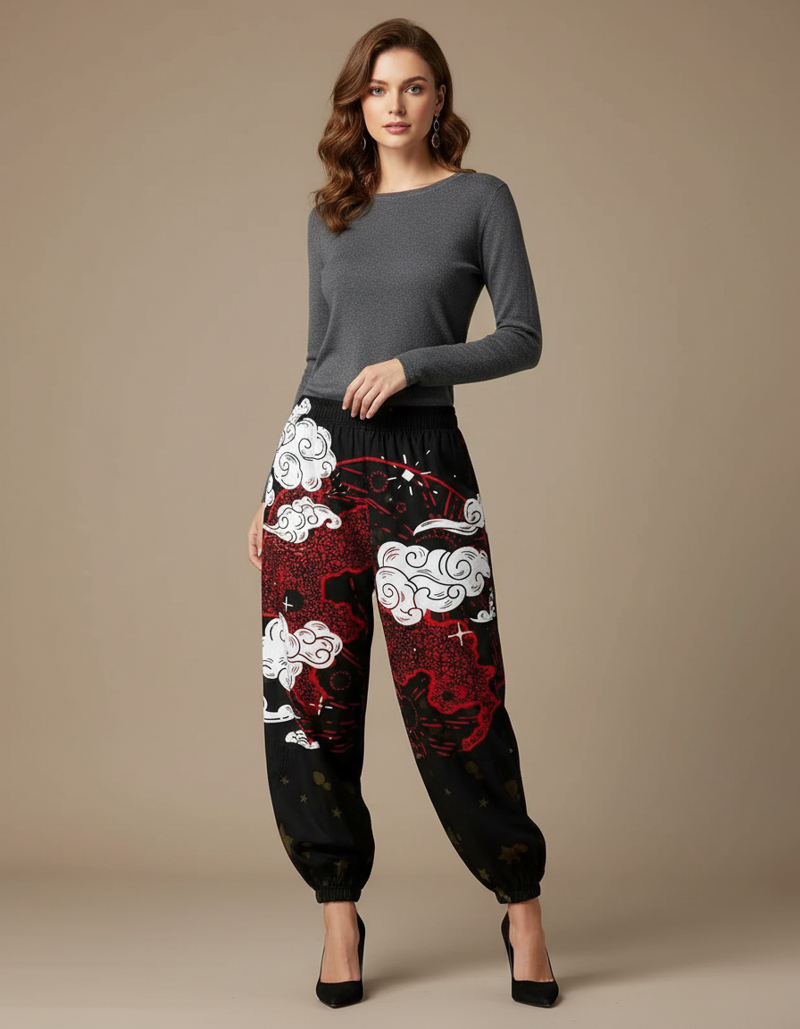 Pantalon Japonais Noir Dragon Rouge Ample Harajuku - Viscose