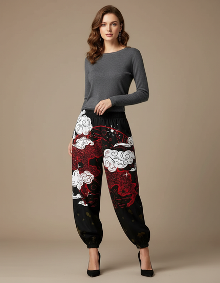 Pantalon Japonais Noir Dragon Rouge Ample Harajuku - Viscose