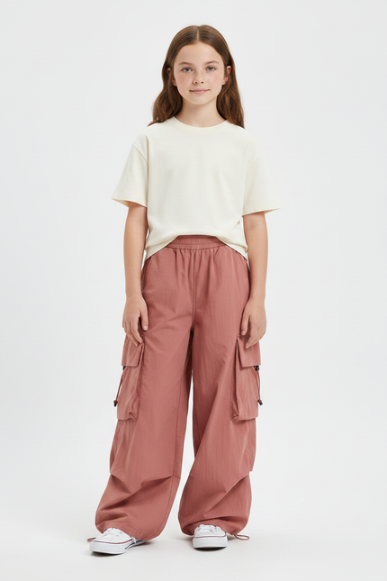 Pantalon Japonais Rose Cargo Ample Streetwear Enfant - Polyester