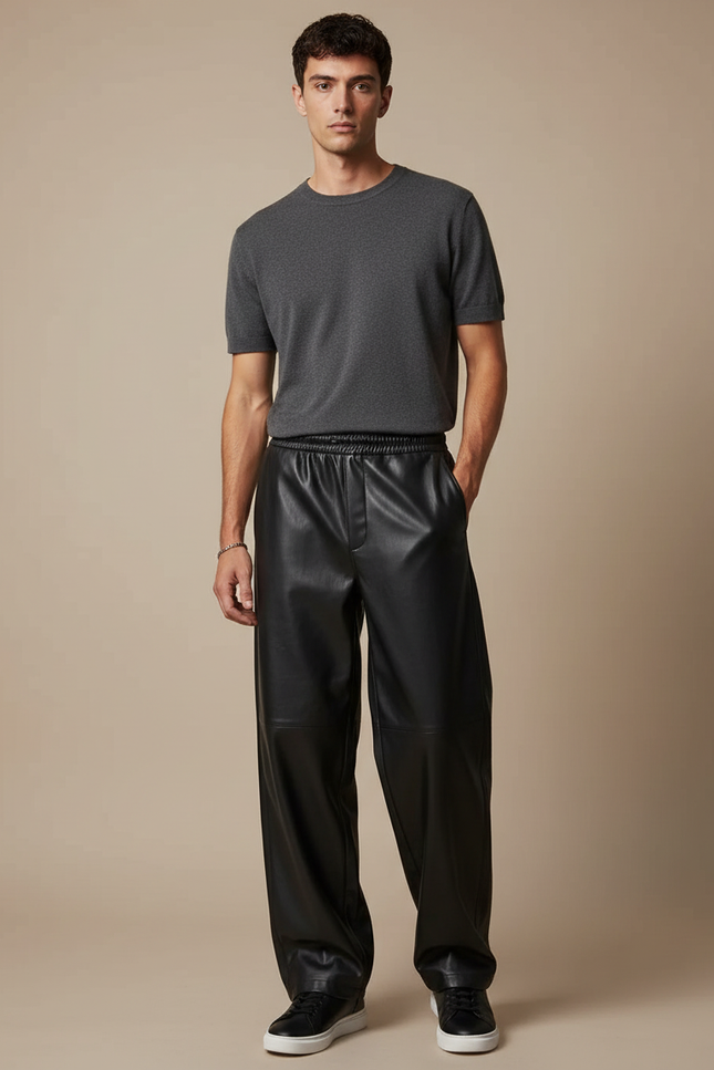 Pantalon Japonais Noir Cuir Ample Droit Streetwear
