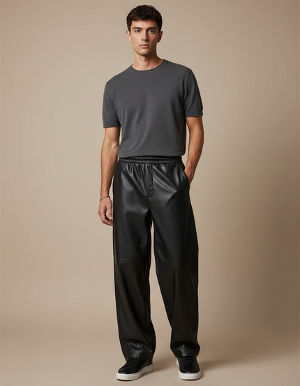 Pantalon Japonais Noir Cuir Ample Droit Streetwear