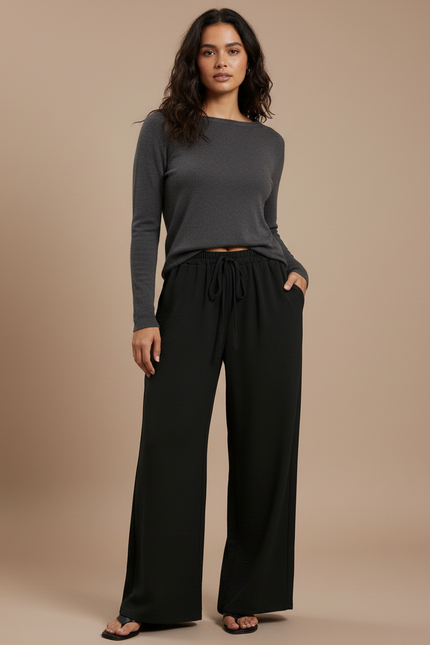 Pantalon Japonais Noir Fluide Ample Décontracté Côtelé - Cordé
