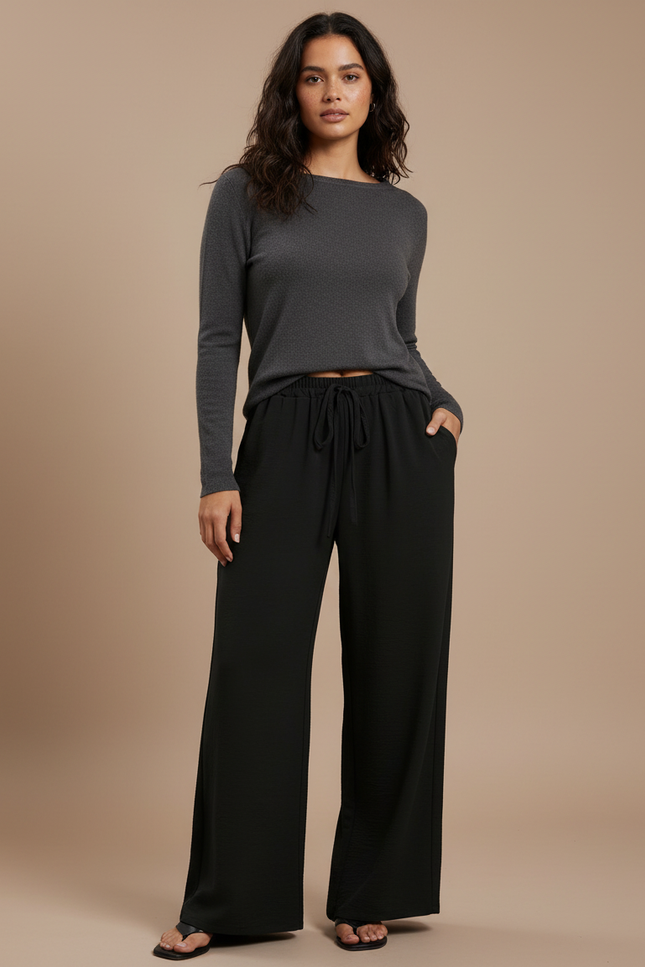 Pantalon Japonais Noir Fluide Ample Décontracté Côtelé - Cordé