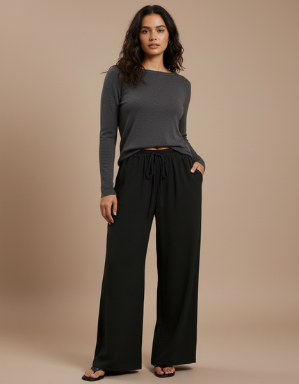 Pantalon Japonais Noir Fluide Ample Décontracté Côtelé - Cordé