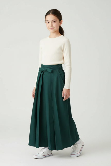 Pantalon Japonais Vert Plissé Ample Fille Décontracté - Polyester