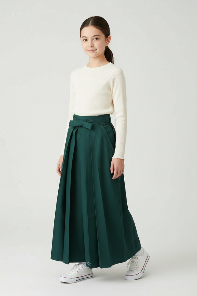 Pantalon Japonais Vert Plissé Ample Fille Décontracté - Polyester
