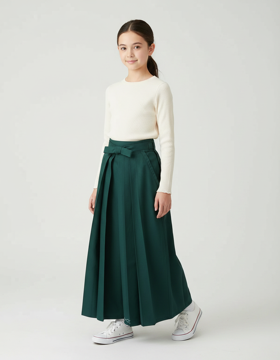 Pantalon Japonais Vert Plissé Ample Fille Décontracté - Polyester