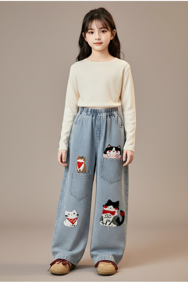 Pantalon Japonais Denim Ample Brodé Chats Mignons - Bleu Jean
