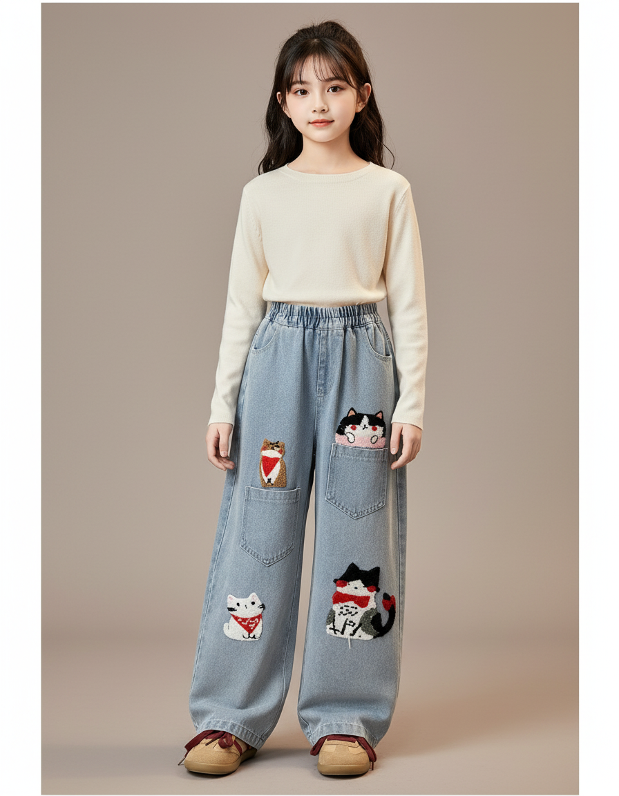 Pantalon Japonais Denim Ample Brodé Chats Mignons - Bleu Jean
